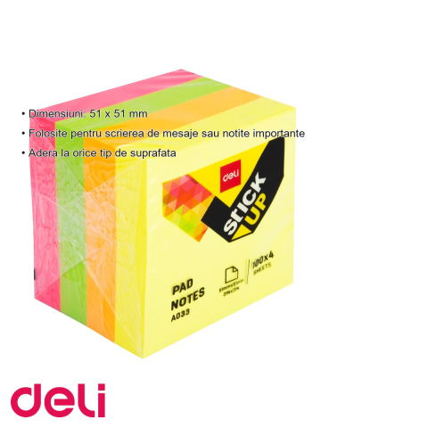 Set notite adezive Deli, 400 file neon 51x51 mm, 4 culori asortate, pentru organizare rapida [2]