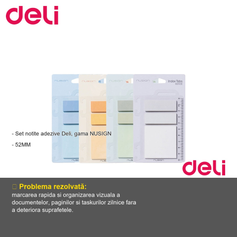 Set notite adezive Deli NuSign pastel, 52x52mm cu file index, pentru organizare rapida la birou [1]