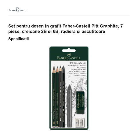 Set pentru desen in grafit Faber-Castell Pitt Graphite, 7 piese, creioane 2B si 6B, radiera si ascutitoare [2]