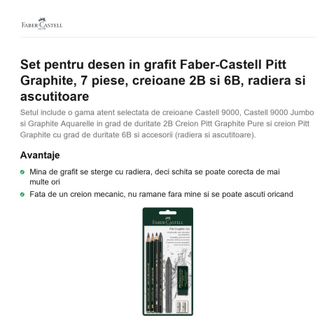 Set pentru desen in grafit Faber-Castell Pitt Graphite, 7 piese, creioane 2B si 6B, radiera si ascutitoare [1]