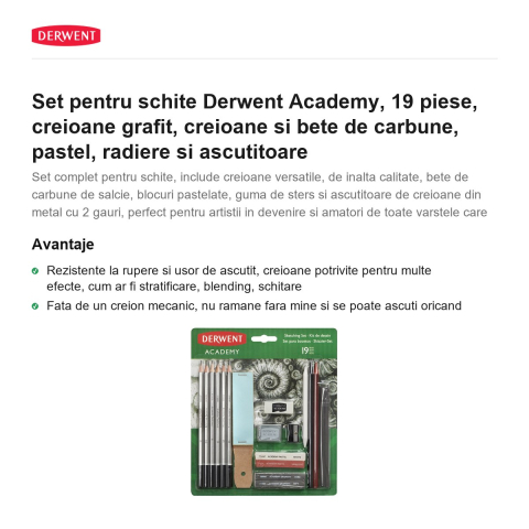 Set pentru schite Derwent Academy, 19 piese, creioane grafit, creioane si bete de carbune, pastel, radiere si ascutitoare [1]