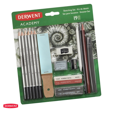 Birotica papetarie - Set pentru schite Derwent Academy, 19 piese, creioane grafit, creioane si bete de carbune, pastel, radiere si ascutitoare