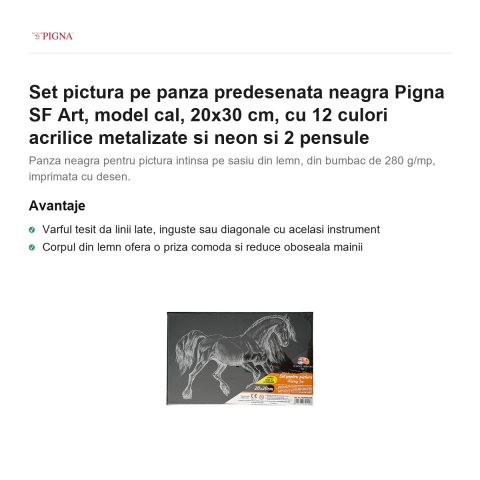 Set pictura pe panza predesenata neagra Pigna SF Art, model cal, 20x30 cm, cu 12 culori acrilice metalizate si neon si 2 pensule [1]