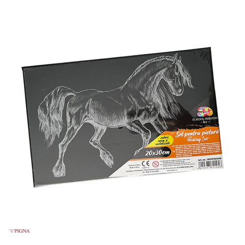 Handmade Creativ si Hobby - Set pictura pe panza predesenata neagra Pigna SF Art, model cal, 20x30 cm, cu 12 culori acrilice metalizate si neon si 2 pensule