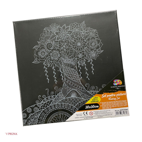 Birotica papetarie - Set pictura pe panza predesenata neagra Pigna SF Art, model copac, 30x30 cm, cu 12 culori acrilice si 2 pensule