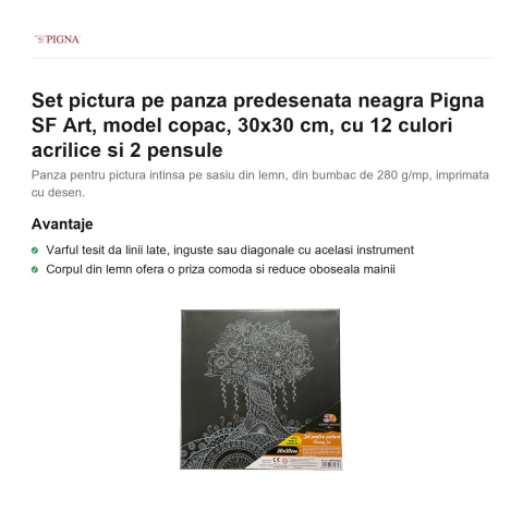 Set pictura pe panza predesenata neagra Pigna SF Art, model copac, 30x30 cm, cu 12 culori acrilice si 2 pensule [1]