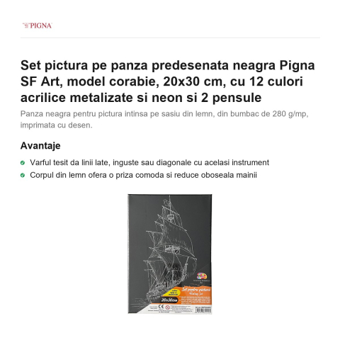 Set pictura pe panza predesenata neagra Pigna SF Art, model corabie, 20x30 cm, cu 12 culori acrilice metalizate si neon si 2 pensule [1]