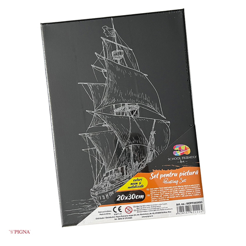 Handmade Creativ si Hobby - Set pictura pe panza predesenata neagra Pigna SF Art, model corabie, 20x30 cm, cu 12 culori acrilice metalizate si neon si 2 pensule