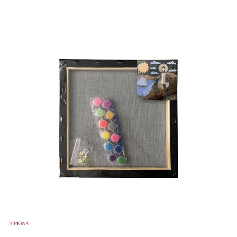 Set pictura pe panza predesenata neagra Pigna SF Art, model far, 30x30 cm, cu 12 culori acrilice metalizate si neon si 2 pensule [3]