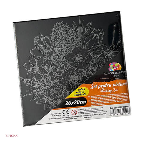 Handmade Creativ si Hobby - Set pictura pe panza predesenata neagra Pigna SF Art, model flori, 20x20 cm, cu 12 culori acrilice metalizate si neon si 2 pensule