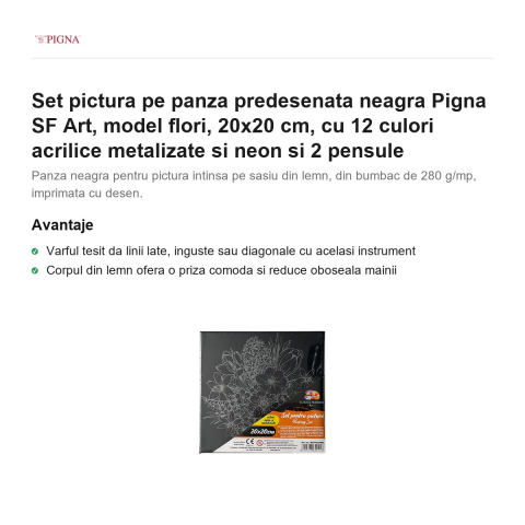 Set pictura pe panza predesenata neagra Pigna SF Art, model flori, 20x20 cm, cu 12 culori acrilice metalizate si neon si 2 pensule [1]