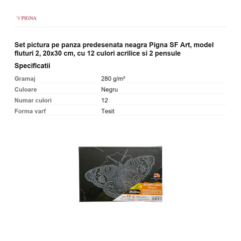 Set pictura pe panza predesenata neagra Pigna SF Art, model fluturi 2, 20x30 cm, cu 12 culori acrilice si 2 pensule [2]