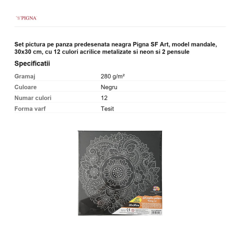Set pictura pe panza predesenata neagra Pigna SF Art, model mandale, 30x30 cm, cu 12 culori acrilice metalizate si neon si 2 pensule [2]