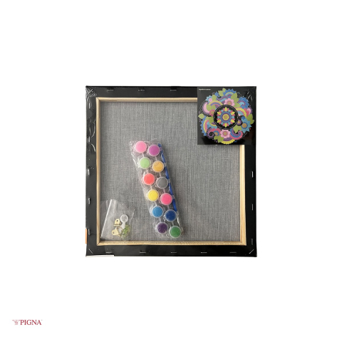 Set pictura pe panza predesenata neagra Pigna SF Art, model mandale, 30x30 cm, cu 12 culori acrilice metalizate si neon si 2 pensule [3]