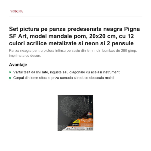 Set pictura pe panza predesenata neagra Pigna SF Art, model mandale pom, 20x20 cm, cu 12 culori acrilice metalizate si neon si 2 pensule [1]