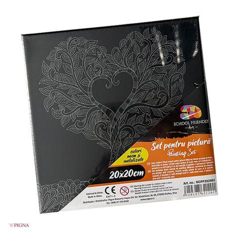 Birotica papetarie - Set pictura pe panza predesenata neagra Pigna SF Art, model mandale pom, 20x20 cm, cu 12 culori acrilice metalizate si neon si 2 pensule
