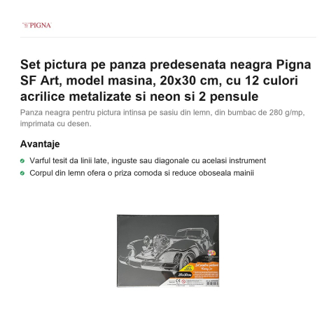 Set pictura pe panza predesenata neagra Pigna SF Art, model masina, 20x30 cm, cu 12 culori acrilice metalizate si neon si 2 pensule [1]