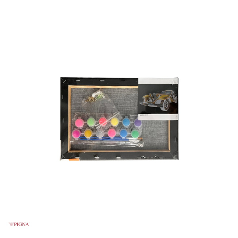 Set pictura pe panza predesenata neagra Pigna SF Art, model masina, 20x30 cm, cu 12 culori acrilice metalizate si neon si 2 pensule [3]