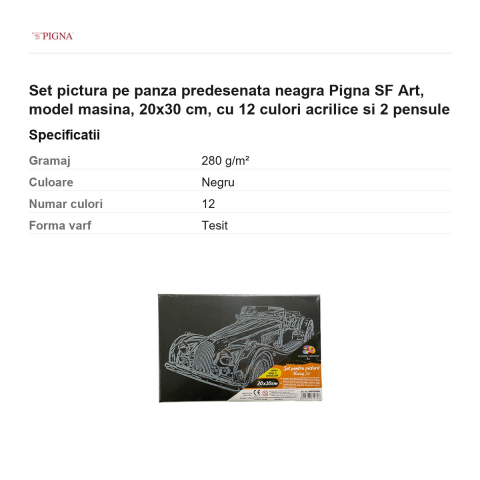 Set pictura pe panza predesenata neagra Pigna SF Art, model masina, 20x30 cm, cu 12 culori acrilice si 2 pensule [2]