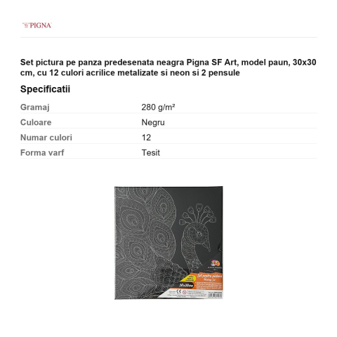 Set pictura pe panza predesenata neagra Pigna SF Art, model paun, 30x30 cm, cu 12 culori acrilice metalizate si neon si 2 pensule [2]