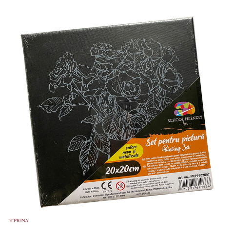 Birotica papetarie - Set pictura pe panza predesenata neagra Pigna SF Art, model trandafiri, 20x20 cm, cu 12 culori acrilice si 2 pensule