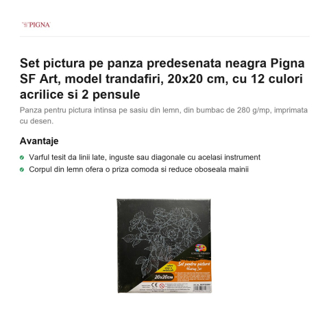 Set pictura pe panza predesenata neagra Pigna SF Art, model trandafiri, 20x20 cm, cu 12 culori acrilice si 2 pensule [1]