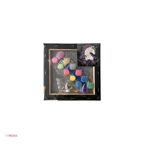 Set pictura pe panza predesenata neagra Pigna SF Art, model unicorn, 20x20 cm, cu 12 culori acrilice metalizate si neon si 2 pensule [3]
