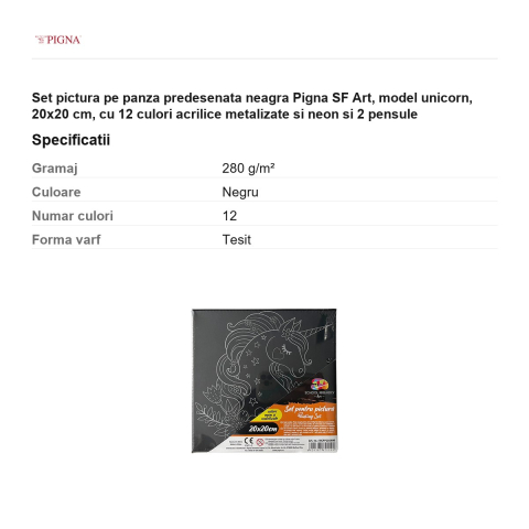 Set pictura pe panza predesenata neagra Pigna SF Art, model unicorn, 20x20 cm, cu 12 culori acrilice metalizate si neon si 2 pensule [2]
