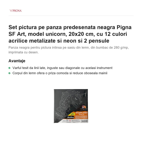 Set pictura pe panza predesenata neagra Pigna SF Art, model unicorn, 20x20 cm, cu 12 culori acrilice metalizate si neon si 2 pensule [1]