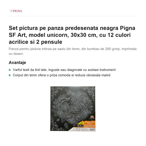 Set pictura pe panza predesenata neagra Pigna SF Art, model unicorn, 30x30 cm, cu 12 culori acrilice si 2 pensule [1]