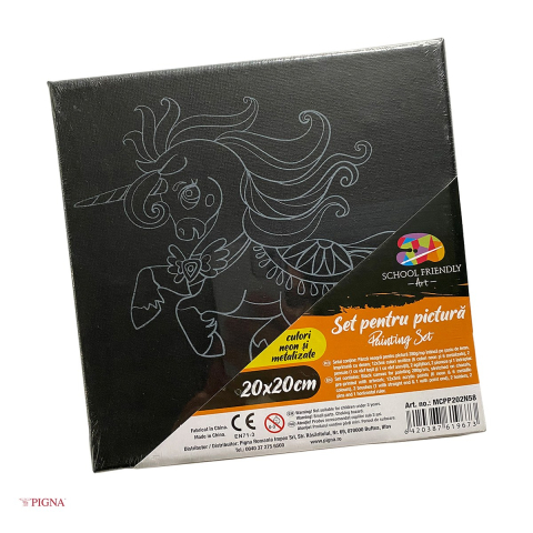 Birotica papetarie - Set pictura pe panza predesenata neagra Pigna SF Art, model unicorni 2, 20x20 cm, cu 12 culori acrilice si 2 pensule