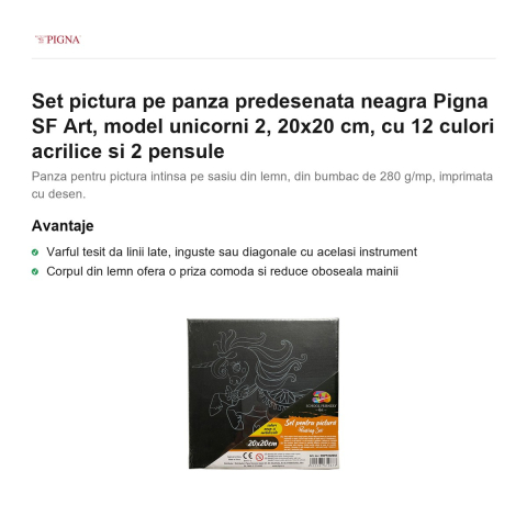 Set pictura pe panza predesenata neagra Pigna SF Art, model unicorni 2, 20x20 cm, cu 12 culori acrilice si 2 pensule [1]