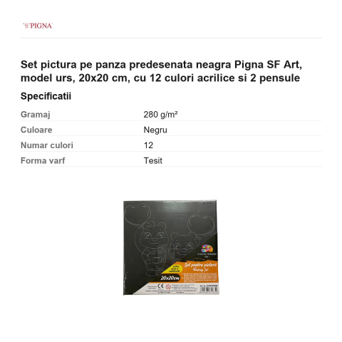 Set pictura pe panza predesenata neagra Pigna SF Art, model urs, 20x20 cm, cu 12 culori acrilice si 2 pensule [2]