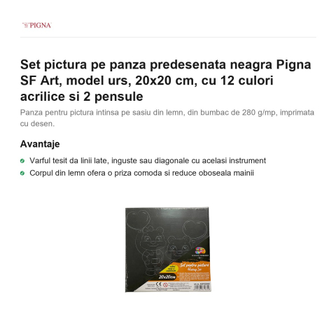 Set pictura pe panza predesenata neagra Pigna SF Art, model urs, 20x20 cm, cu 12 culori acrilice si 2 pensule [1]