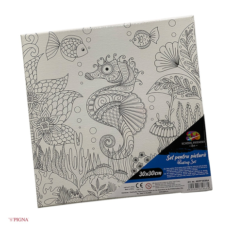 Birotica papetarie - Set pictura pe panza predesenata Pigna SF Art, model acvatic, 30x30 cm, cu 12 culori acrilice si 2 pensule