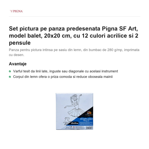 Set pictura pe panza predesenata Pigna SF Art, model balet, 20x20 cm, cu 12 culori acrilice si 2 pensule [1]