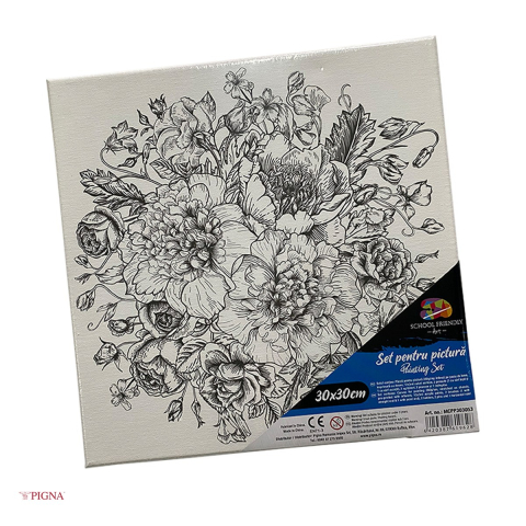 Birotica papetarie - Set pictura pe panza predesenata Pigna SF Art, model buchet de bujori, 30x30 cm, cu 12 culori acrilice si 2 pensule