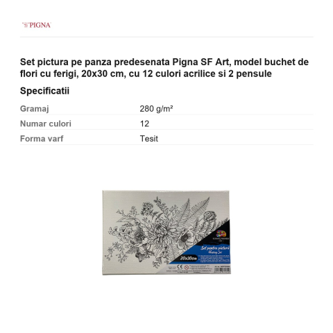 Set pictura pe panza predesenata Pigna SF Art, model buchet de flori cu ferigi, 20x30 cm, cu 12 culori acrilice si 2 pensule [2]