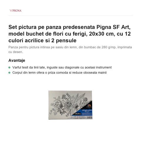 Set pictura pe panza predesenata Pigna SF Art, model buchet de flori cu ferigi, 20x30 cm, cu 12 culori acrilice si 2 pensule [1]
