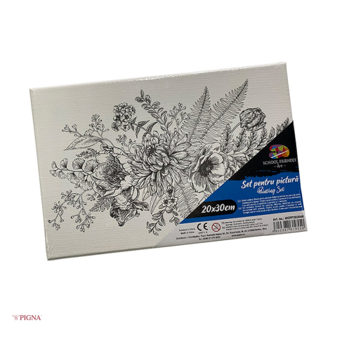 Birotica papetarie - Set pictura pe panza predesenata Pigna SF Art, model buchet de flori cu ferigi, 20x30 cm, cu 12 culori acrilice si 2 pensule