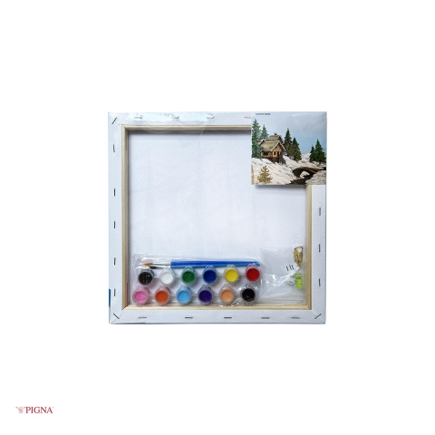 Set pictura pe panza predesenata Pigna SF Art, model cabana iarna in padure, 30x30 cm, cu 12 culori acrilice si 2 pensule [3]