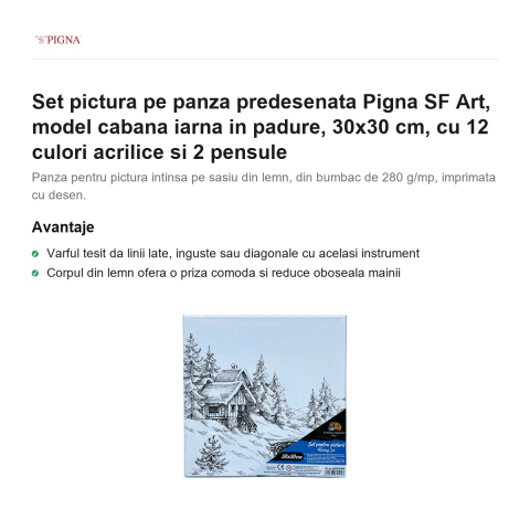 Set pictura pe panza predesenata Pigna SF Art, model cabana iarna in padure, 30x30 cm, cu 12 culori acrilice si 2 pensule [1]