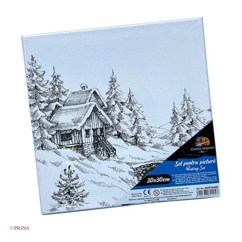 Birotica papetarie - Set pictura pe panza predesenata Pigna SF Art, model cabana iarna in padure, 30x30 cm, cu 12 culori acrilice si 2 pensule