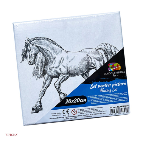 Birotica papetarie - Set pictura pe panza predesenata Pigna SF Art, model cal, 20x20 cm, cu 12 culori acrilice si 2 pensule