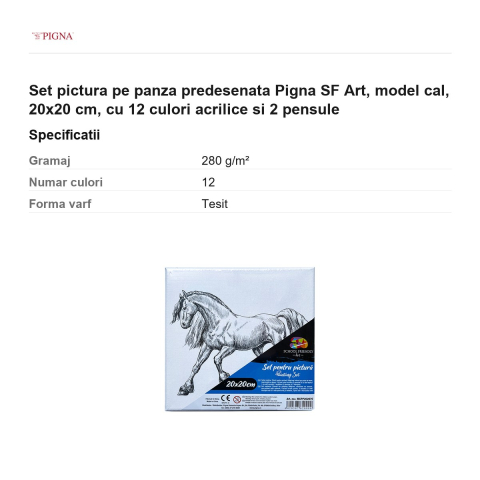 Set pictura pe panza predesenata Pigna SF Art, model cal, 20x20 cm, cu 12 culori acrilice si 2 pensule [2]