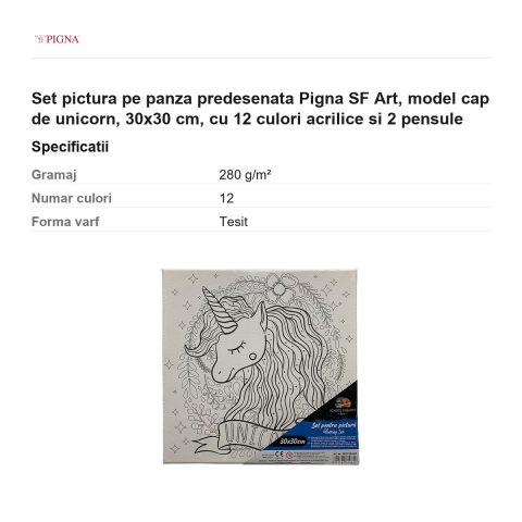 Set pictura pe panza predesenata Pigna SF Art, model cap de unicorn, 30x30 cm, cu 12 culori acrilice si 2 pensule [2]