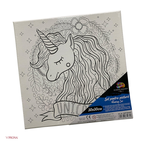 Birotica papetarie - Set pictura pe panza predesenata Pigna SF Art, model cap de unicorn, 30x30 cm, cu 12 culori acrilice si 2 pensule