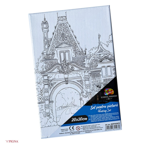 Handmade Creativ si Hobby - Set pictura pe panza predesenata Pigna SF Art, model castel, 20x30 cm, cu 12 culori acrilice si 2 pensule