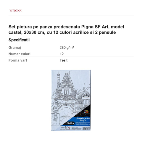 Set pictura pe panza predesenata Pigna SF Art, model castel, 20x30 cm, cu 12 culori acrilice si 2 pensule [2]