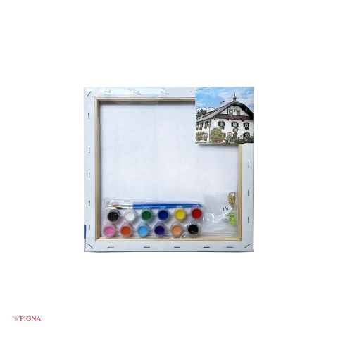 Set pictura pe panza predesenata Pigna SF Art, model conac, 30x30 cm, cu 12 culori acrilice si 2 pensule [3]